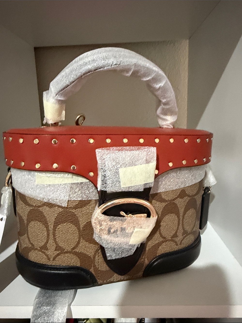 Coach Brown Signature Satchel with Red Trim and Black Base